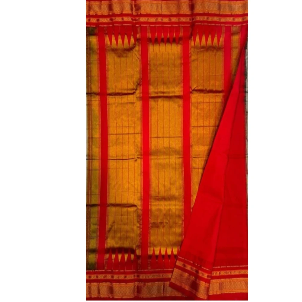 Parrot Green pure Ilkaal Butta saree with Pink zari contrast border and traditional gold motifs