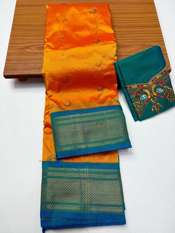 Orange & Teal Semi Silk Paithani saree with peacock embroidery blouse and traditional border