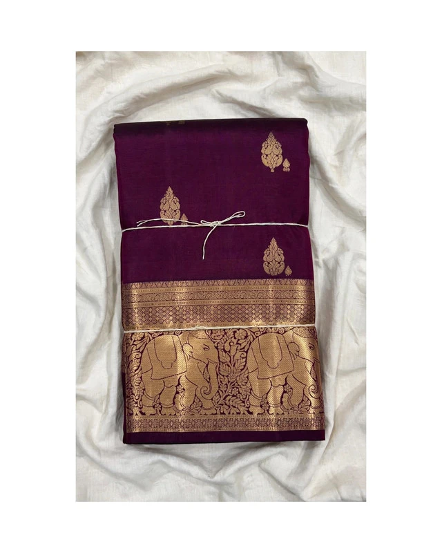 Wine Maroon with Elephant Motif Kanchipuram Pure Silk Handloom Saree Silk Mark with Blouse - FabFashionz