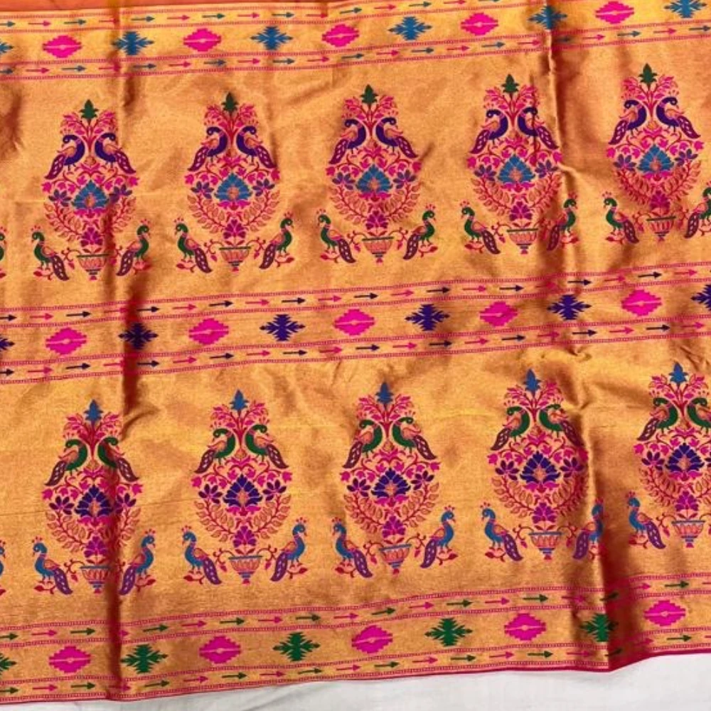 Rama Blue wth Yellow Border Semi Silk Paithani Saree with Peacock Embroidery Blouse