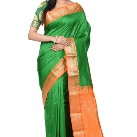 Parrot Green and Orange Contrast Traditional Kanchipuram Pure Silk Saree