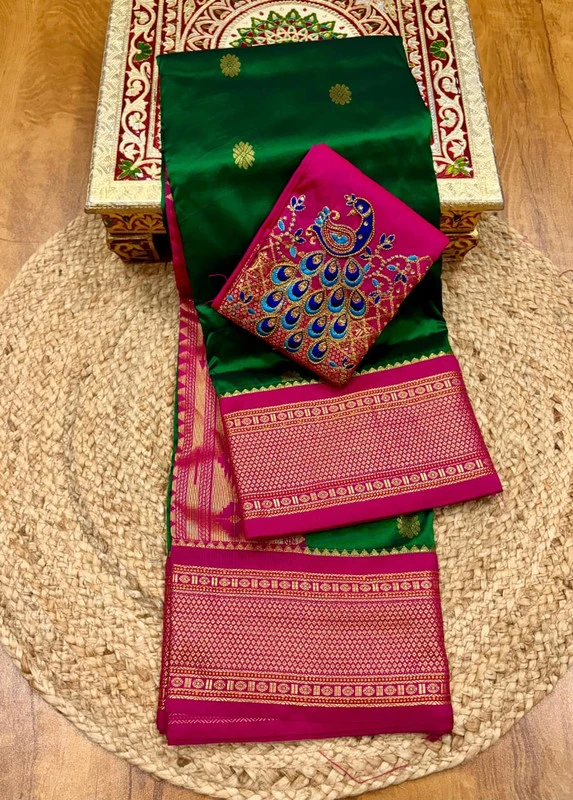 Heritage Bottle Green and Rani Semi Silk Paithani Saree with Peacock Embroidery Designer Blouse