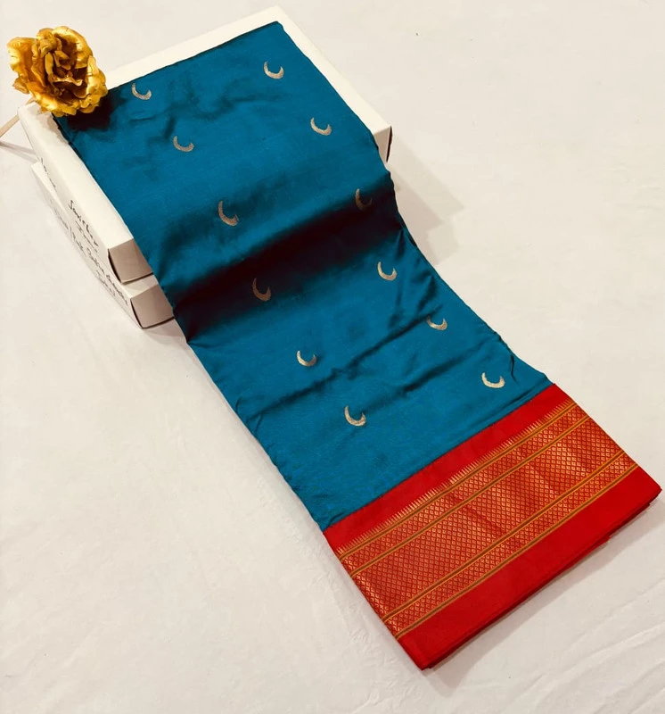 Peacock Blue with Red Border Paithani Pure Silk Saree with Meena Butta weaving and traditional zari border
