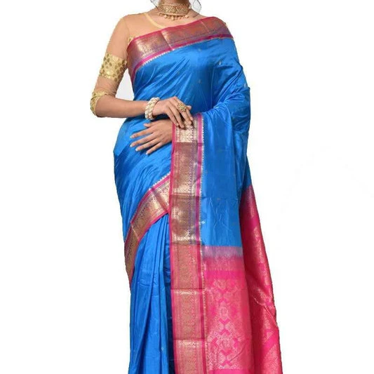Traditional Kanchipuram Pure Silk Saree in Anandha Blue with Rani Contrast