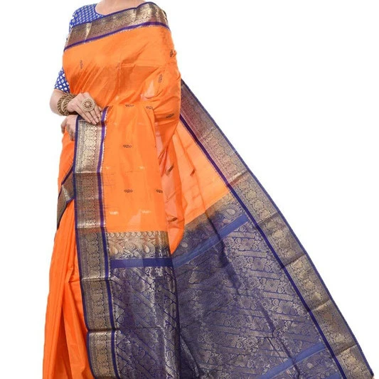 Traditional Arangetram Kanchipuram Pure Silk Saree in Orange with Royal Blue Contrast 