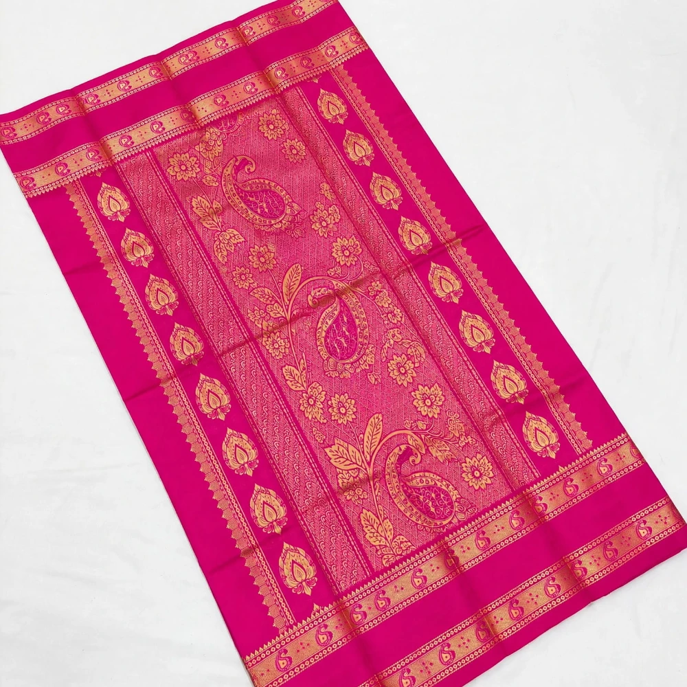Emerald Green and Red Kanchipuram silk saree with Bentex border and golden motifs