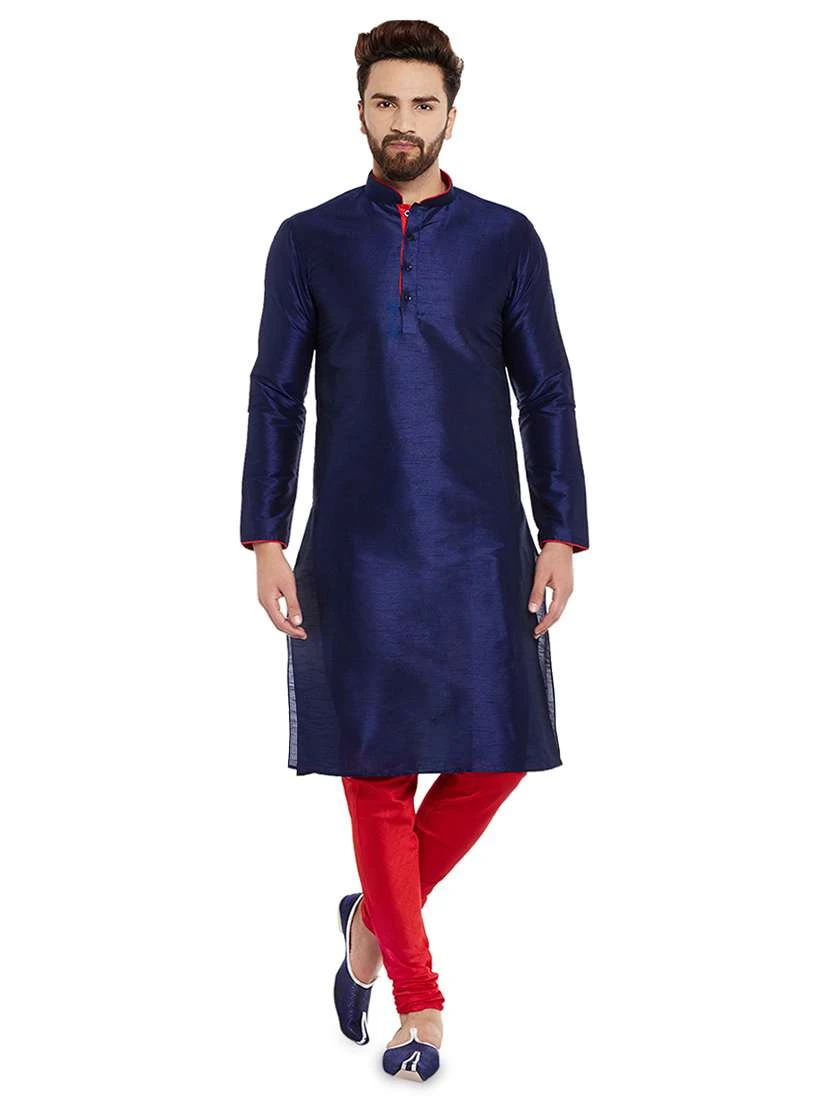 Nevy Blue Dupion Silk Mens Kurtha with White Pajama