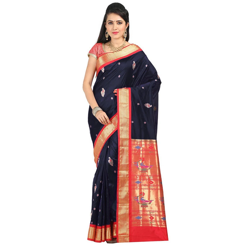 Paithani Pure Silk Black and Red Border Meena Butta Saree with Silk Mark