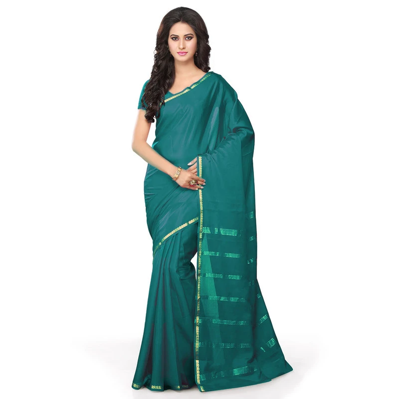 Woven Teal Green Self Colour Pure Mysore Silk Mango Border Saree with Silk Mark