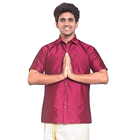 Magenta Marron Dupion Silk Half Slevees Shirt