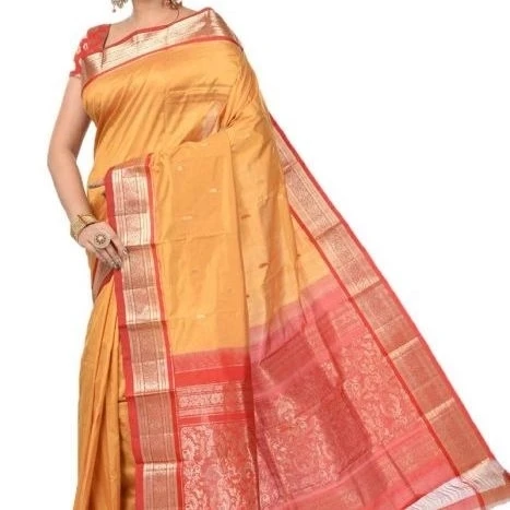 Dull Orange and Red Contrast Traditional Kanchipuram Pure Silk Saree