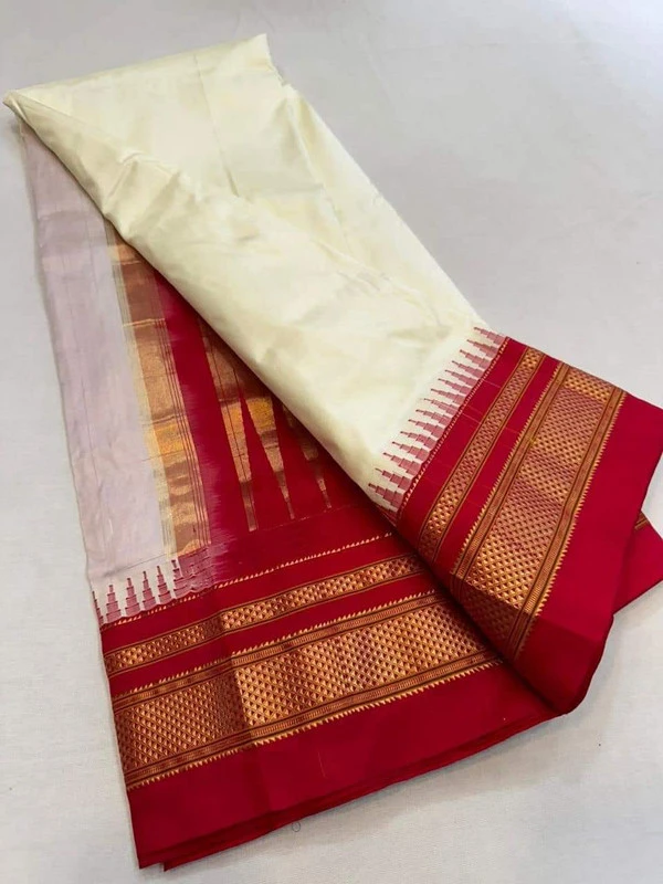 Off White and Red  Border - Traditional Handwoven Ilkaal Saree