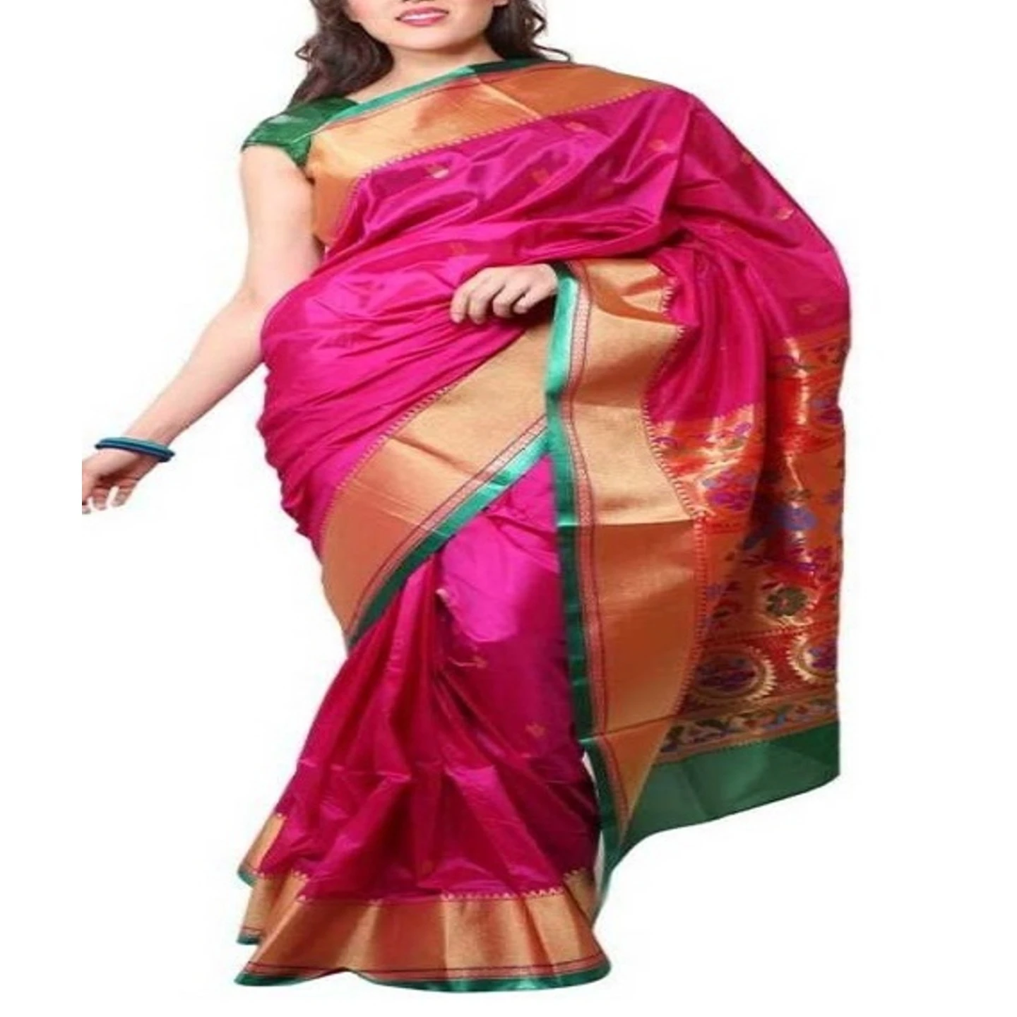 Pink and Green Border Woven Paithani Art Silk Saree
