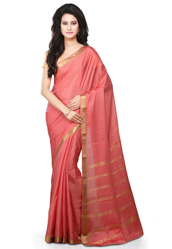 Peach Pink Self Coloured Pure Mysore Silk Handwoven saree