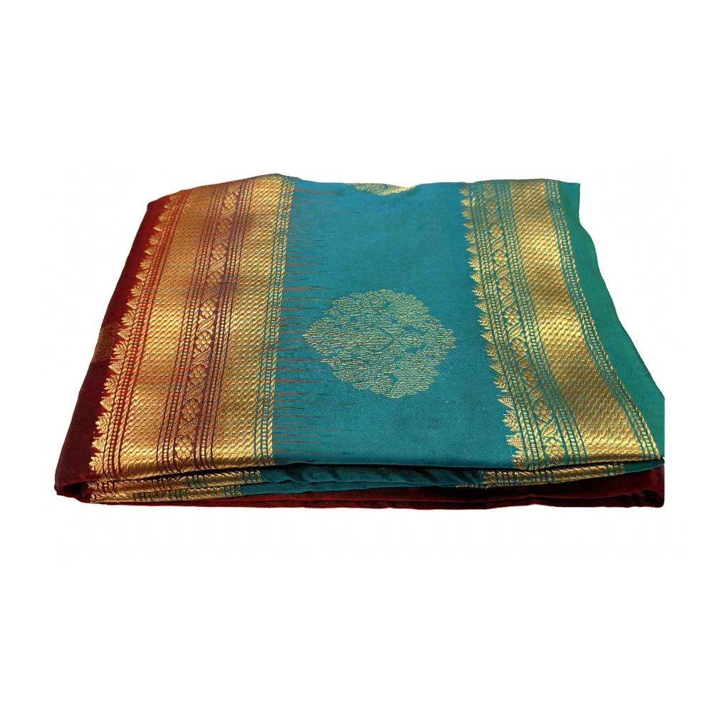 Exclusive Kanchipuram Pure Silk Saree with Pure Silk Blouse - Teal & Maroon