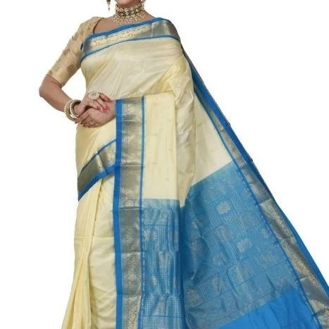 Tussar Cream and Blue Contrast Traditional Kanchipuram Pure Silk Saree