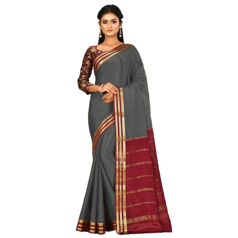 Grey and Marron Contrast  Three Lines Border Pure Mysore Silk Saree with silk Mark