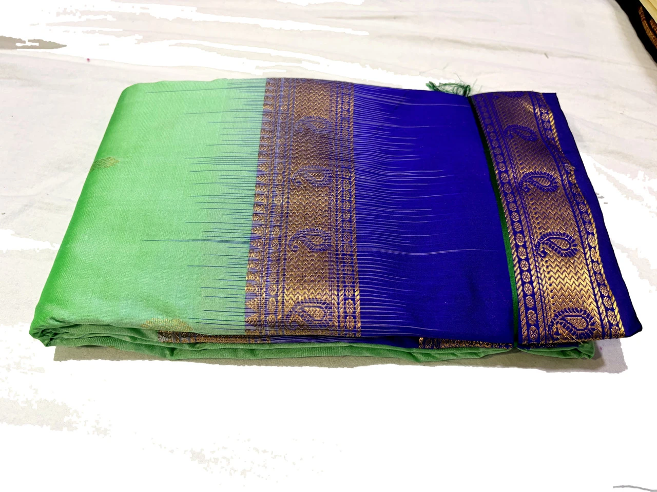 Mint Green & Royal Blue Kanchipuram Pure Silk Saree with Blouse
