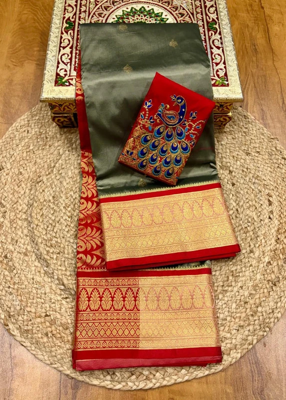 Mettalic Grey and Red Semi Silk Paithani Saree with Peacock Embroidery Designer Blouse