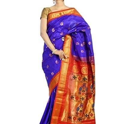 Paithani Pure Silk  Ink Blue with Red Border Meena Butta  Saree with Silk Mark