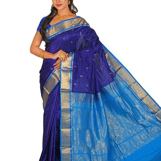 Traditional Arangetram Kanchipuram Pure Silk Saree in Royal Blue with Anandha Blue Contrast 