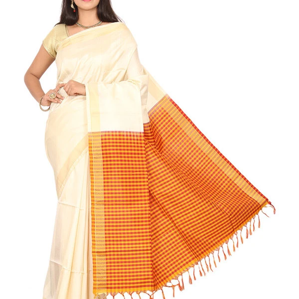 Kanchipuram Dupion Pure Silk  Saree in Cream with Red and Yellow Pallu Fancy Saree