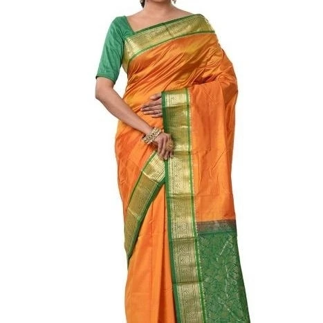 Traditional Arangetram Kanchipuram Pure Silk Saree in Orange with Green Contrast 