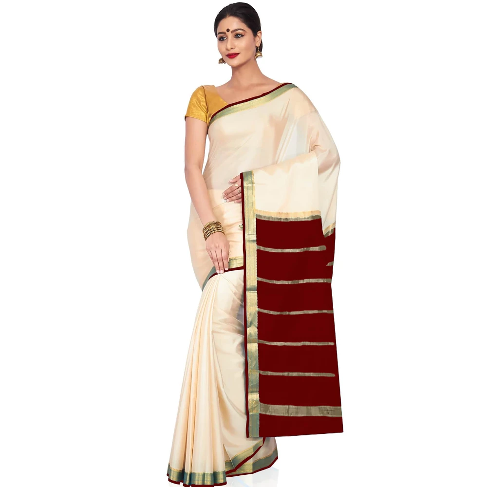 Tussar Cream with Red Contrast Onam Special Pure Mysore Silk Handwoven saree