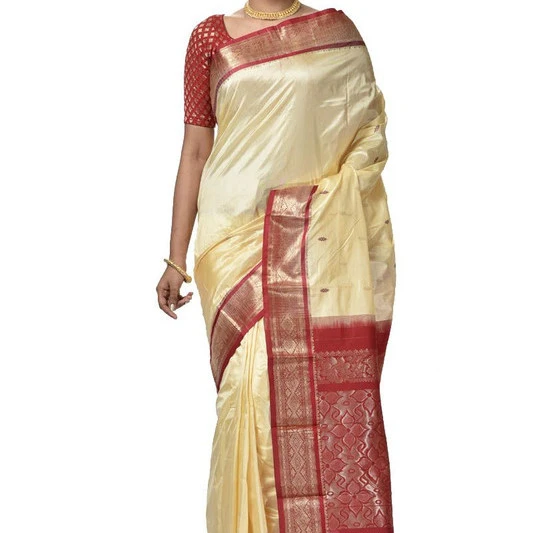 Off White and Marron Contrast Traditional Kanchipuram Pure Silk Saree