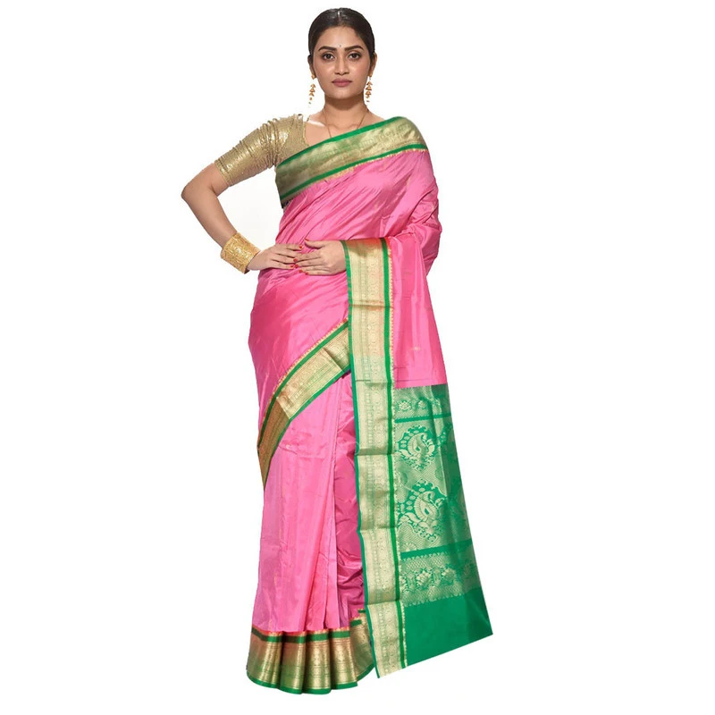 Traditional Kanchipuram Pure Silk Saree in Anandha Blue with Rani Pink Contrast 