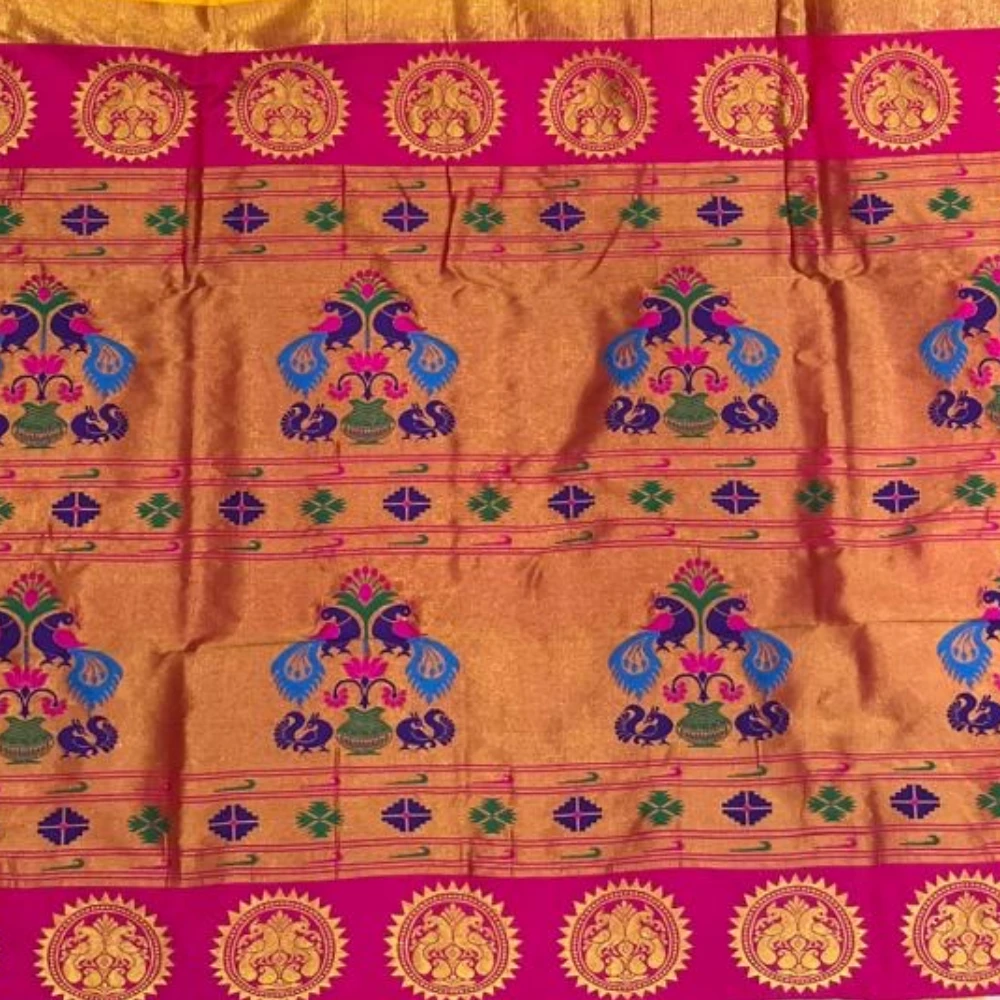 Mustard Orange Semi Silk Paithani Saree with Peacock Embroidery Designer Blouse