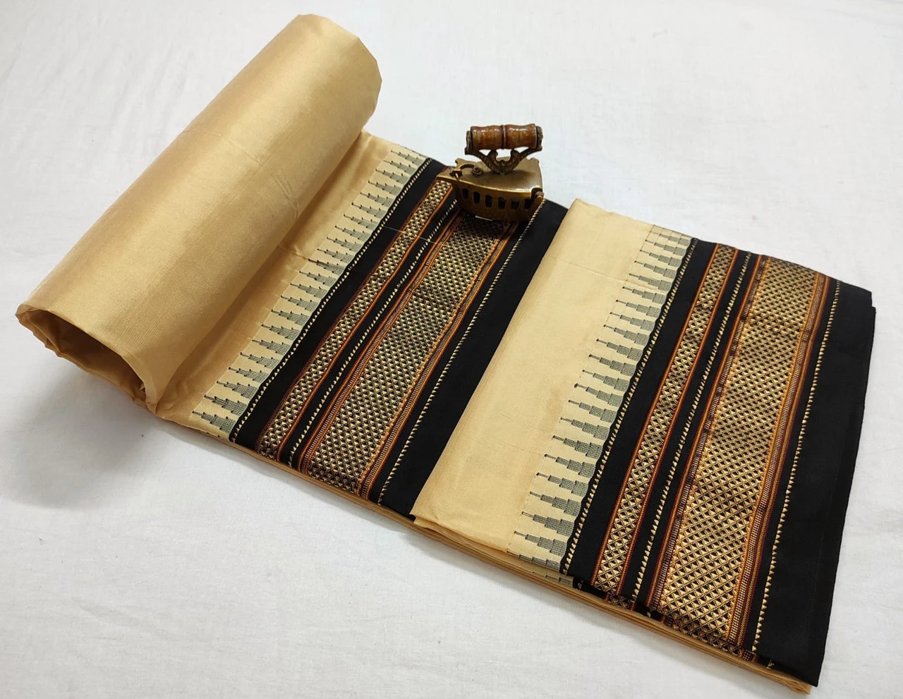 Beige Ilkaal plain pure saree with black contrast zari border traditional handloom design