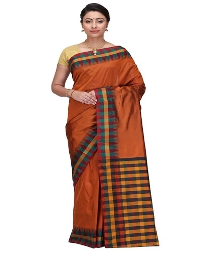 Peach Orange with Multi Colour Checks Handowen Pure Bangalore Silk Saree