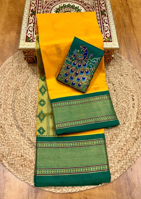 Mustard Yellow and Green Semi Silk Paithani Saree with Peacock Embroidery Designer Blouse
