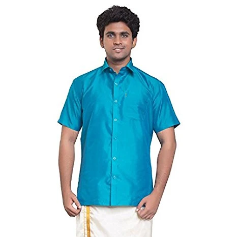 Anandha Blue Dupion Silk Half Slevees Shirt