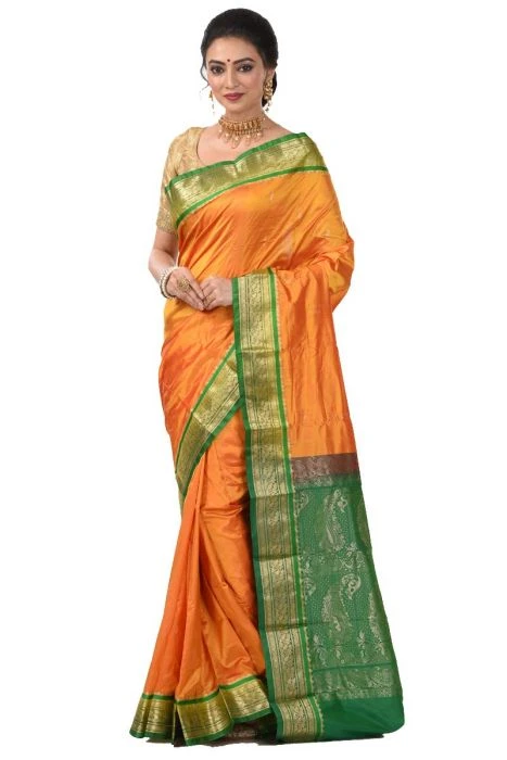 Nine Yards Kanchipuram Pure Silk Saree in Orange with Green Contrast