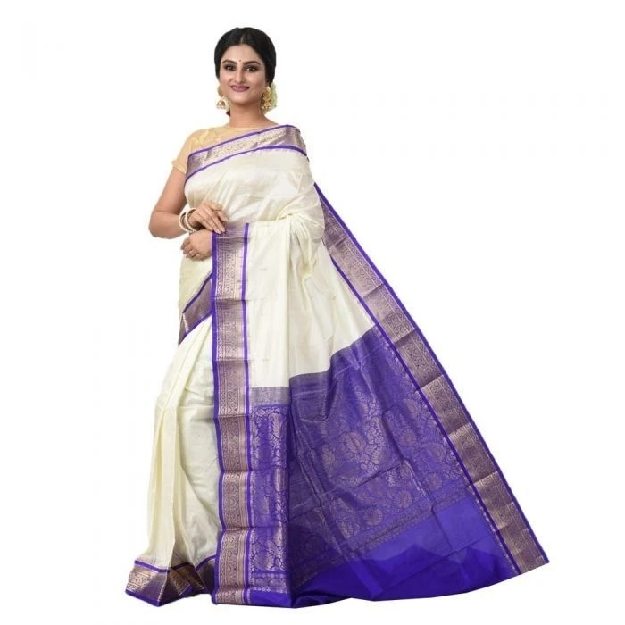 Milk White and Violet Contrast Traditional Kanchipuram Pure Silk Saree