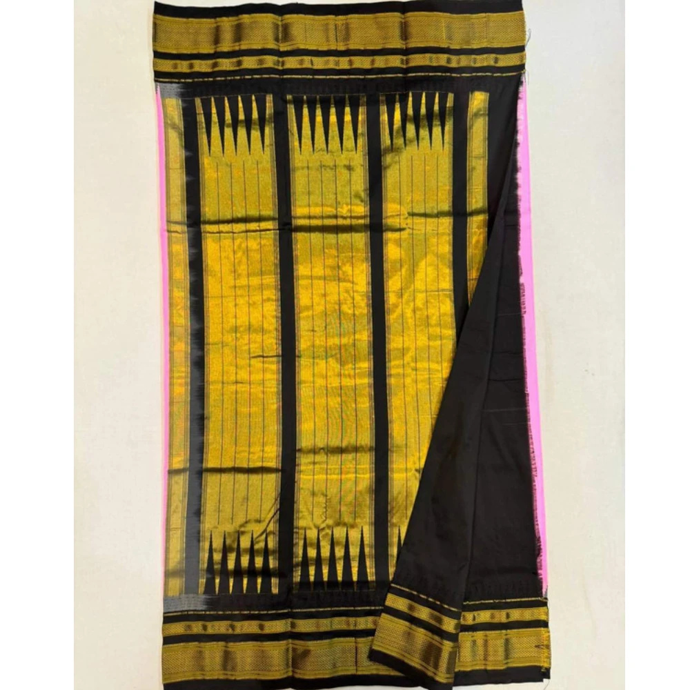 Orange Ilkaal plain pure saree with black contrast zari border traditional handloom design