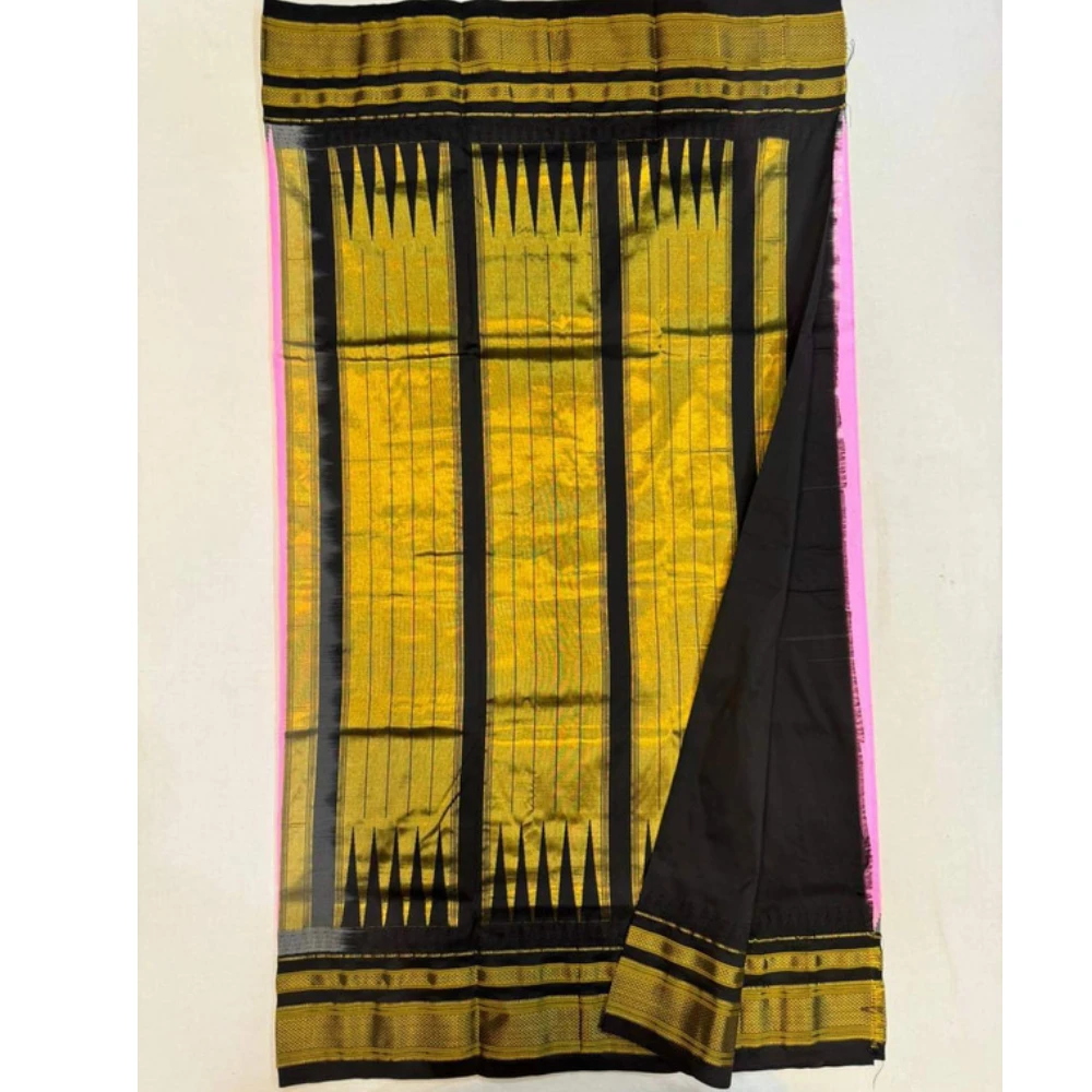 Green Ilkaal plain pure saree with Black zari border and traditional woven design
