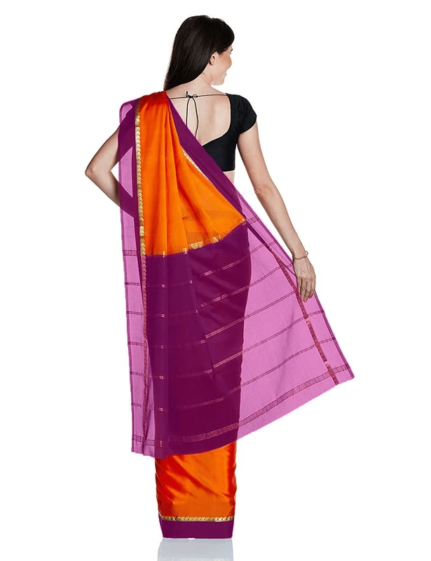 Radiant Pure Mysore Silk Saree in Orange with Pink & Lustrous Gold Zari