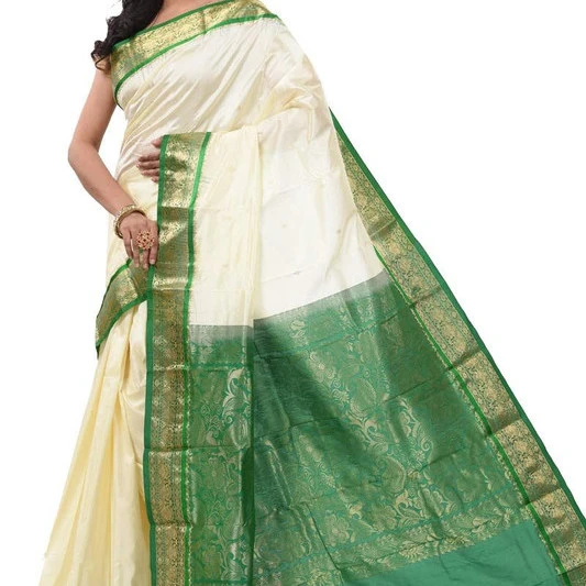 Tussar Cream and Green Contrast Traditional Kanchipuram Pure Silk Saree