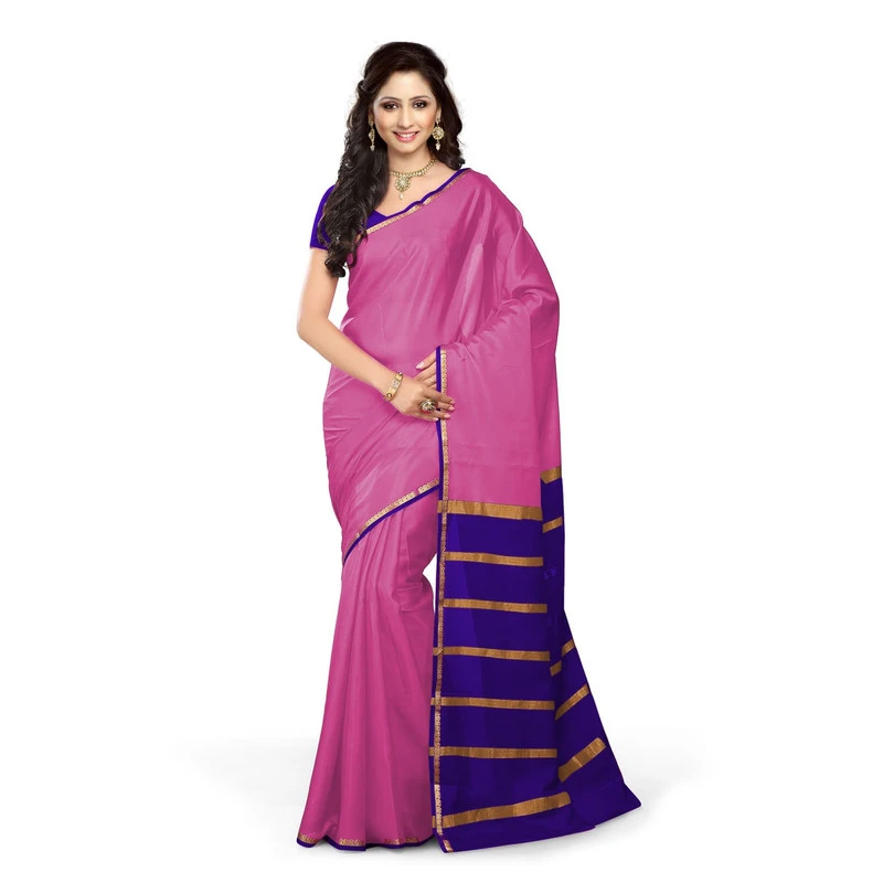 Pure Mysore Silk saree in Pink and Royal Blue Contrast Mango Border