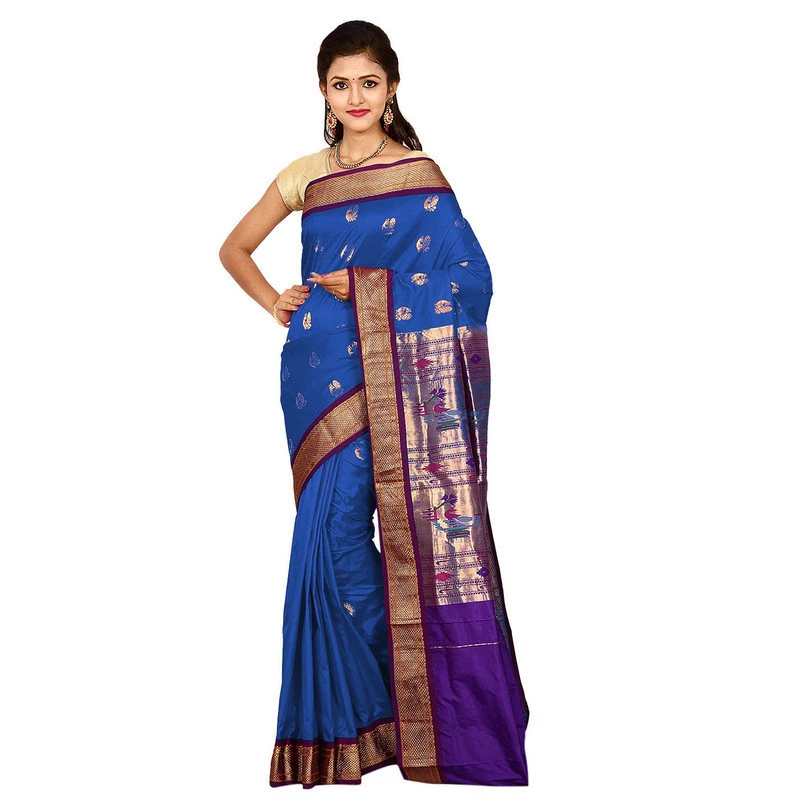 Paithani Pure Silk  Blue with Violet Border Meena Butta  Saree with Silk Mark