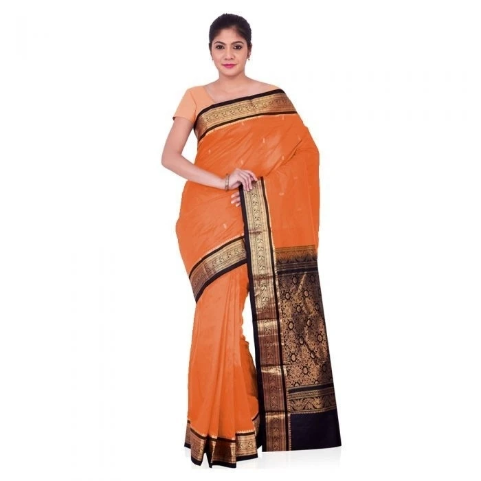 Orange With Black Traditional Kanchipuram Pure Silk Saree