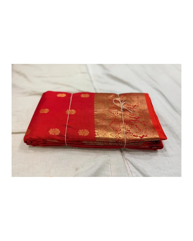 Tomato Red with Gold Brocade Kanchipuram Pure Silk Handloom Saree Silk Mark with Blouse - FabFashionz