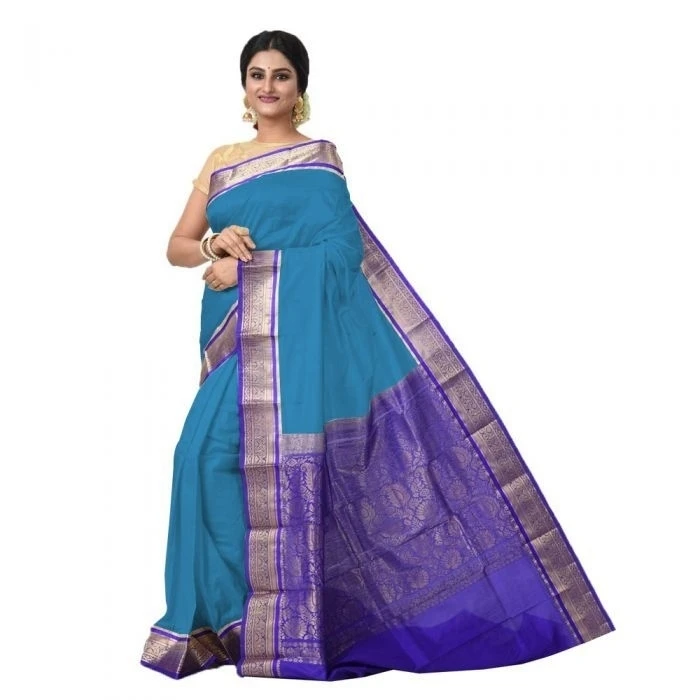 Ananda Blue and Violet Contrast Traditional Kanchipuram Pure Silk Saree