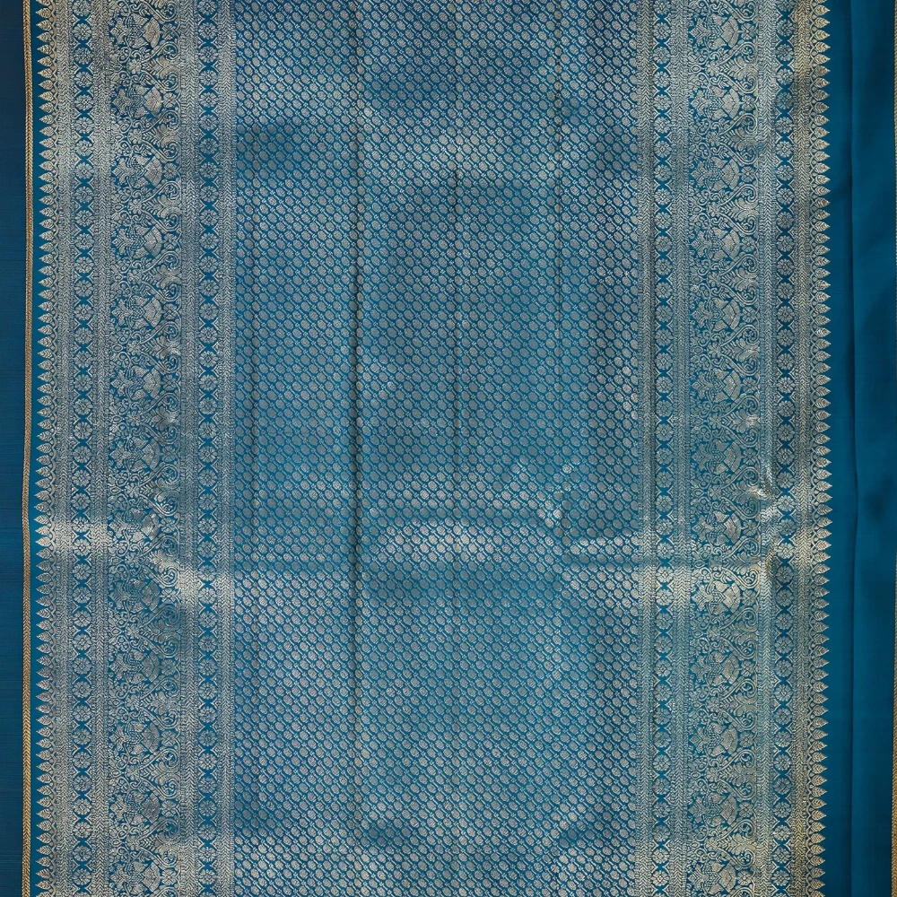 Deep Teal Green Kanchipuram Pure Silk Handloom Saree with Golden Flower Butta & Ornate Border - Silk Mark Certified