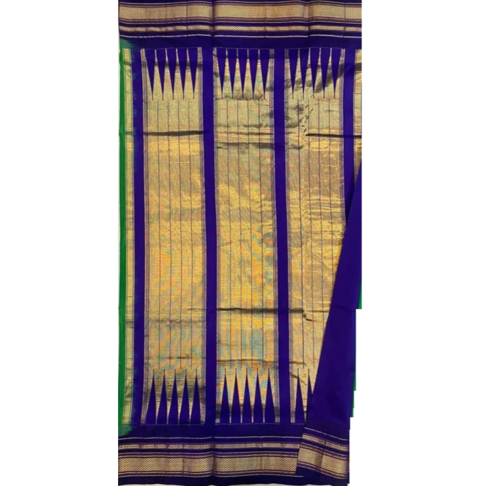 Pure Ilkaal Checks saree in Mint Green & Royal Blue with zari border and traditional woven patterns