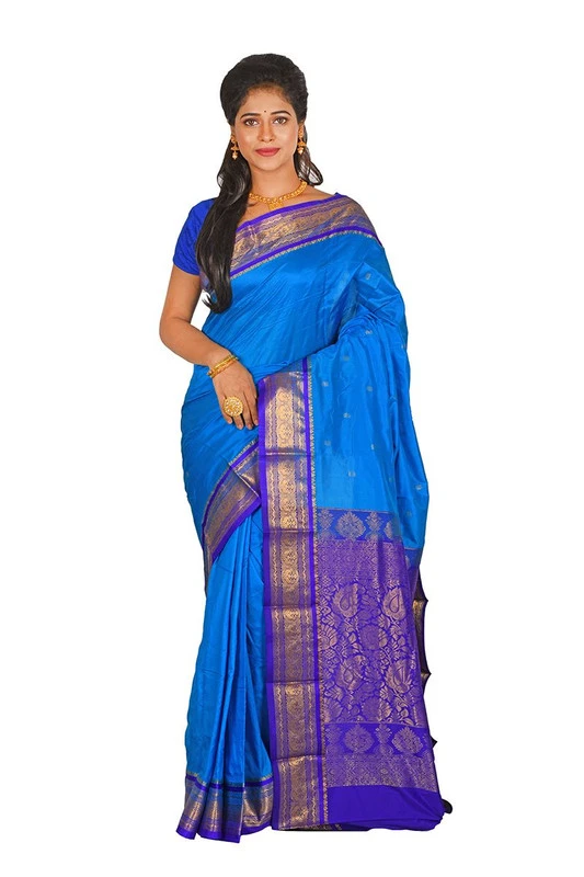 Nine Yards Kanchipuram Pure Silk Saree in Anandha Blue with Voilet Contrast
