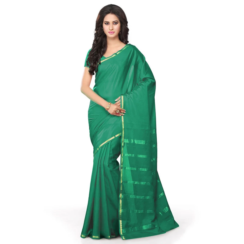 Woven Leaf Green Self Colour Pure Mysore Silk Mango Border Saree with Silk Mark